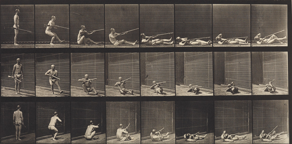 EADWEARD MUYBRIDGE (1830-1904) Man dropping to the floor and laying on his back while aiming his rifle, plate 358 from Animal Locomotio